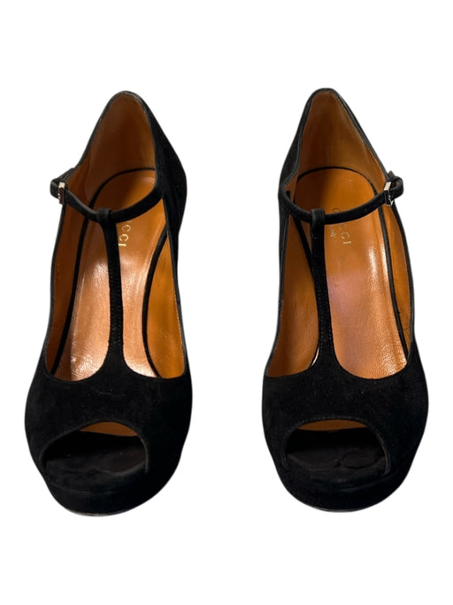 Gucci Shoe Size 37 Black Suede T Strap Platform Peep Toe ankle strap Shoes Black / 37