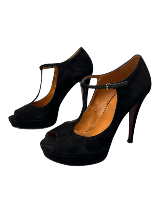 Gucci Shoe Size 37 Black Suede T Strap Platform Peep Toe ankle strap Shoes Black / 37