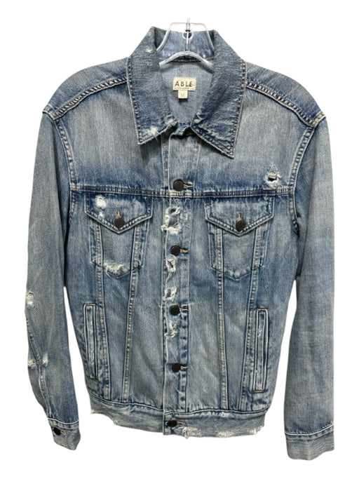 ABLE Size Medium Medium Wash Cotton Denim Button Front Distressed Collar Jacket Medium Wash / Medium