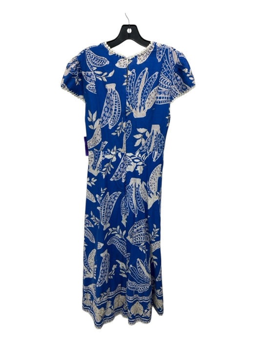 Farm Rio Size Large Blue & White Linen Blend Short Sleeve Floral Midi Dress Blue & White / Large