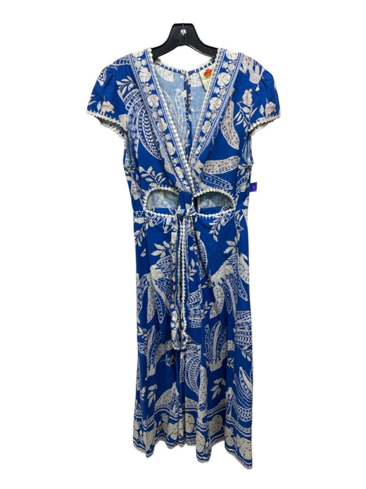 Farm Rio Size Large Blue & White Linen Blend Short Sleeve Floral Midi Dress Blue & White / Large