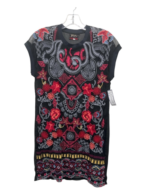 Johnny Was Size XS Black, Red & Multi Nylon Blend Mesh Front Embroidered Dress Black, Red & Multi / XS