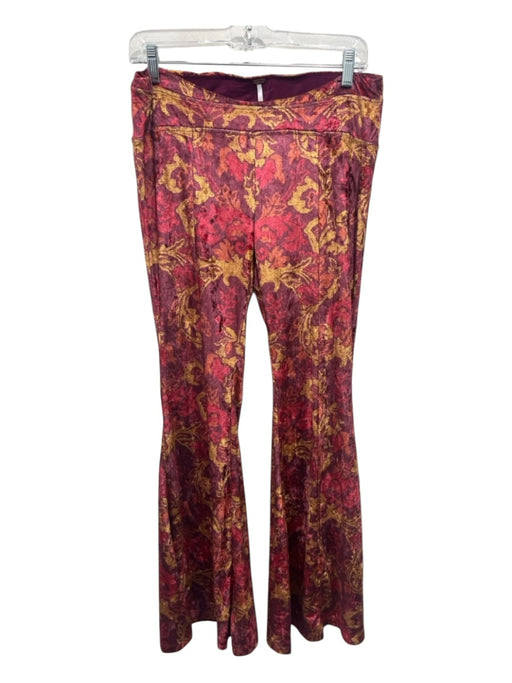 Free People Size M Burgundy & Yellow Polyester Blend Velvet Floral Flare Pants Burgundy & Yellow / M