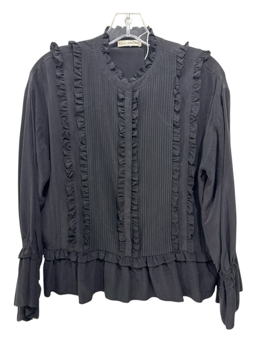 Ulla Johnson Size 4 Black Silk Long Sleeve Snap Button Pleated Front Top Black / 4