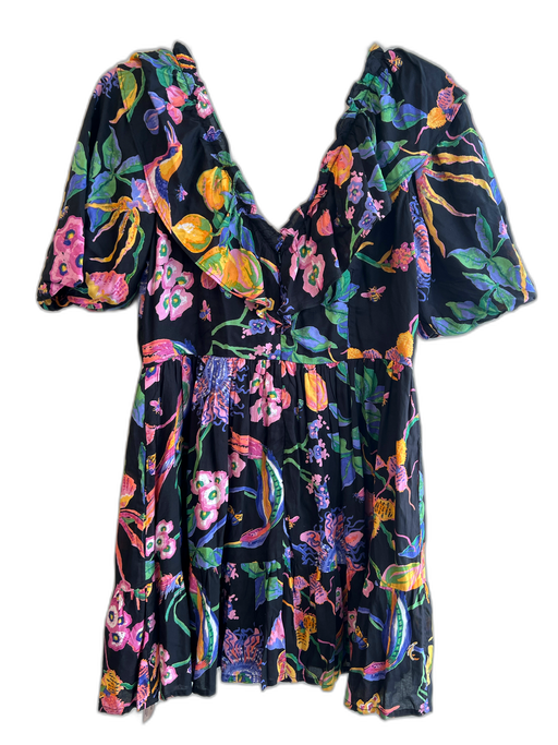 Banjanan Size S Black Pink & Multi Viscose Short Sleeve Floral Print Dress Black Pink & Multi / S