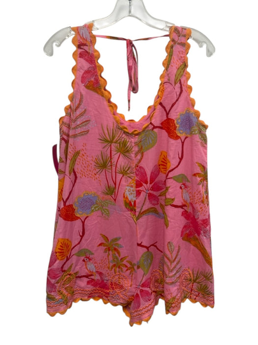 J. Marie Size S Pink & Multi Cotton Sleeveless Scalloped Front Pockets Romper Pink & Multi / S