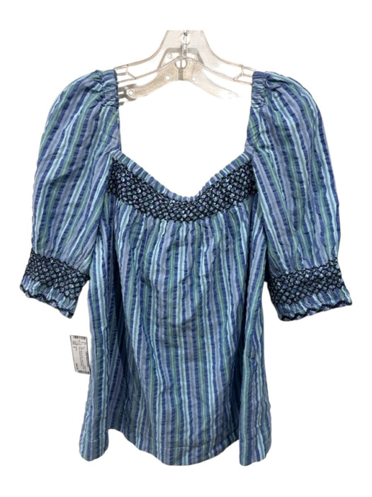 Faherty Size S Blue & Green Cotton Seersucker Stripe Smocked Top Blue & Green / S