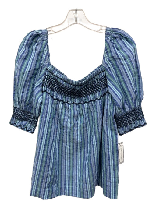 Faherty Size S Blue & Green Cotton Seersucker Stripe Smocked Top Blue & Green / S