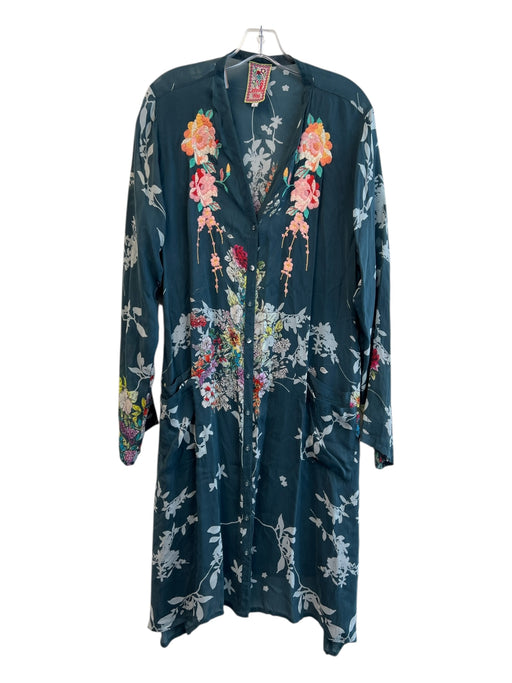 Johnny Was Size Large Teal & Multi Silk floral print Button Down Belted Dress Teal & Multi / Large