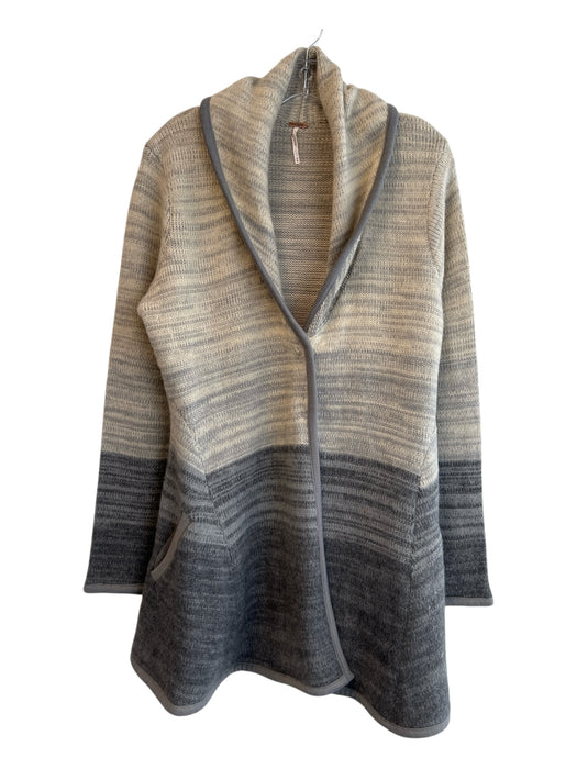 Free People Size Medium Cream & Gray Acrylic Hood Snap Closure Sweater Coat Cream & Gray / Medium