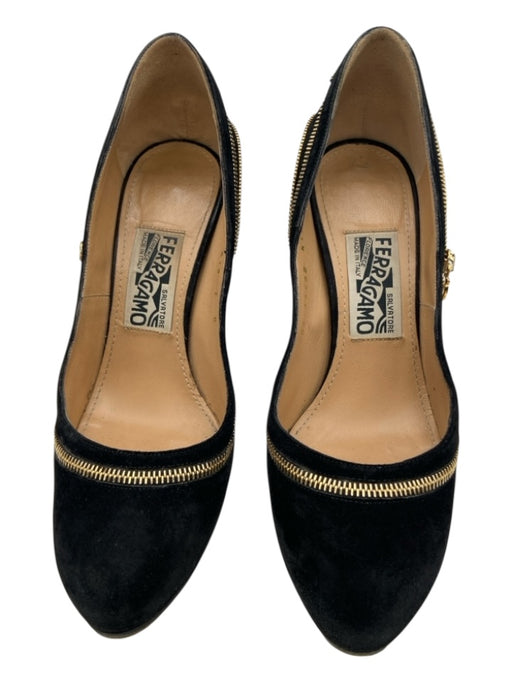 Salvatore Ferragamo Shoe Size 7 Black & Gold Suede Zipper Detail Round Toe Pumps Black & Gold / 7