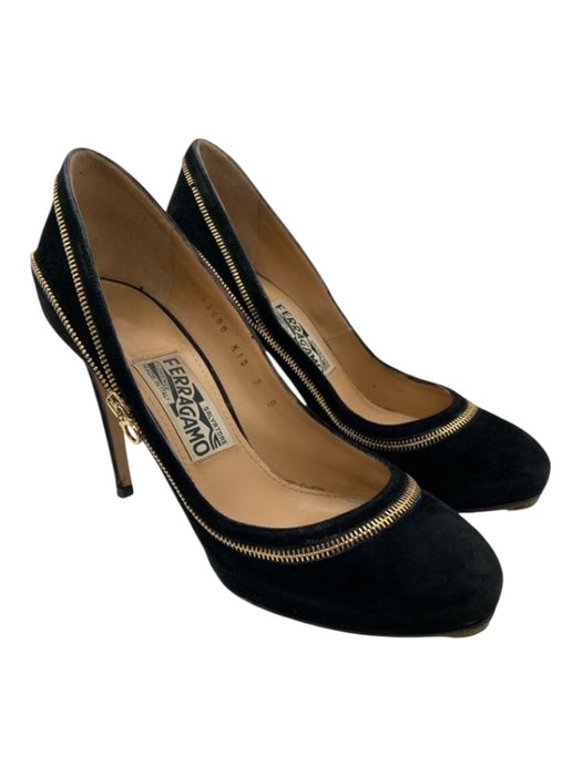 Salvatore Ferragamo Shoe Size 7 Black & Gold Suede Zipper Detail Round Toe Pumps Black & Gold / 7