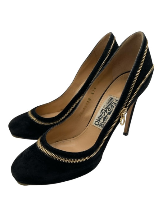 Salvatore Ferragamo Shoe Size 7 Black & Gold Suede Zipper Detail Round Toe Pumps Black & Gold / 7