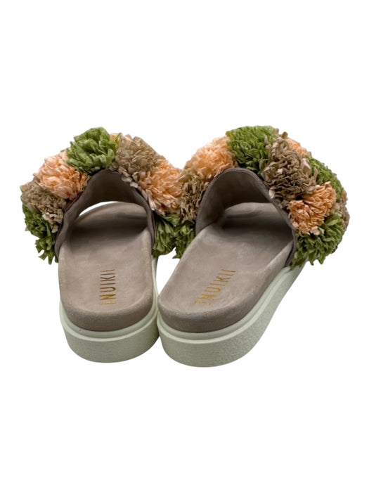 Inuikii Shoe Size 38 Beige, Pink, Green Paper Suede Rubber Pom Pom Mule Sandals Beige, Pink, Green / 38