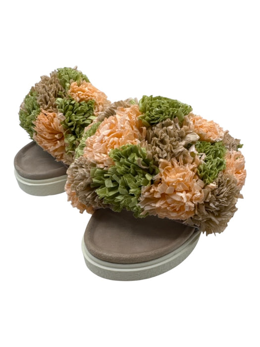 Inuikii Shoe Size 38 Beige, Pink, Green Paper Suede Rubber Pom Pom Mule Sandals Beige, Pink, Green / 38