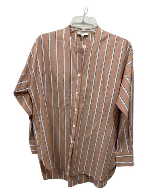 Oroton Size 6 Brown, White, Multi Cotton Striped Button Up Breast Pockets Top Brown, White, Multi / 6