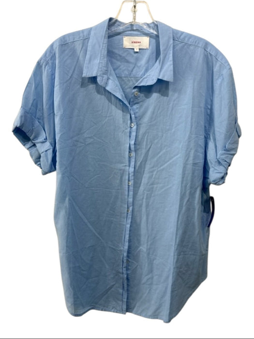 XiRENA Size S Blue Cotton Button Up Short Sleeve Collar Top Blue / S
