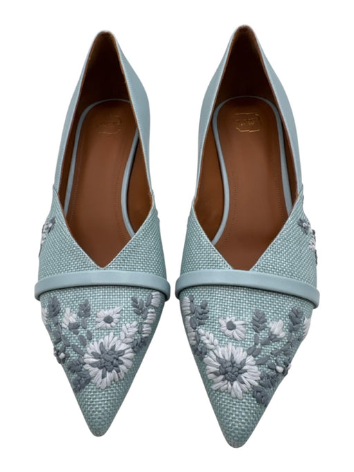 Malone Souliers Shoe Size 38 Light Blue Leather Canvas Embroidered Raffia Pumps Light Blue / 38