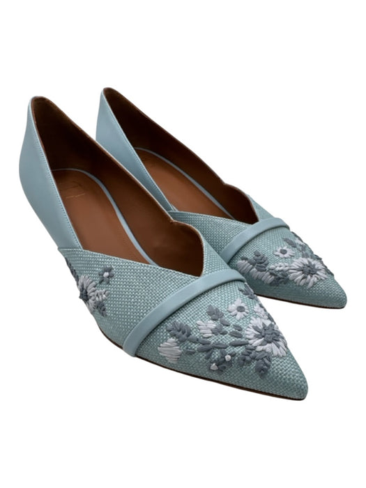 Malone Souliers Shoe Size 38 Light Blue Leather Canvas Embroidered Raffia Pumps Light Blue / 38