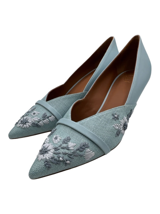 Malone Souliers Shoe Size 38 Light Blue Leather Canvas Embroidered Raffia Pumps Light Blue / 38