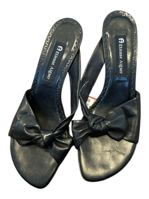 Etienne Aigner Shoe Size 8 Black Leather Kitten Heel Knot Sandals Black / 8