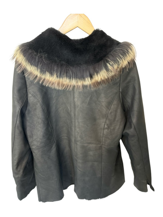 Se Ninon Size 40 Black & Cream Leather Shearling Lined Fur Trim Coat Black & Cream / 40
