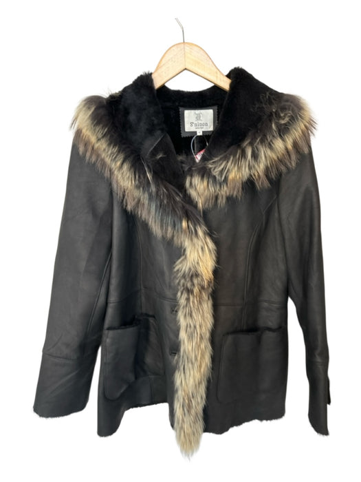 Se Ninon Size 40 Black & Cream Leather Shearling Lined Fur Trim Coat Black & Cream / 40