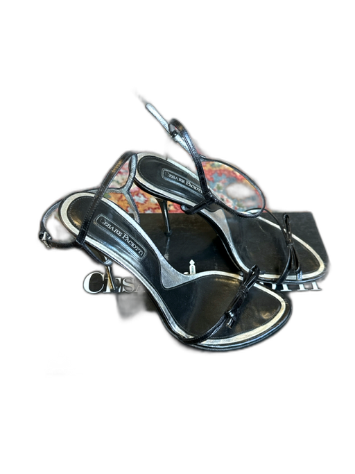 Cesare Paciotti Shoe Size 37.5 Black & Silver Leather Stiletto Metallic Sandals Black & Silver / 37.5