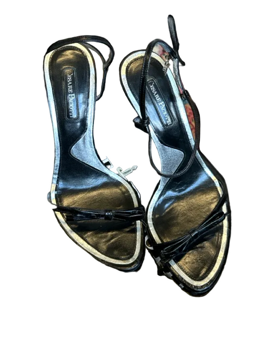 Cesare Paciotti Shoe Size 37.5 Black & Silver Leather Stiletto Metallic Sandals Black & Silver / 37.5