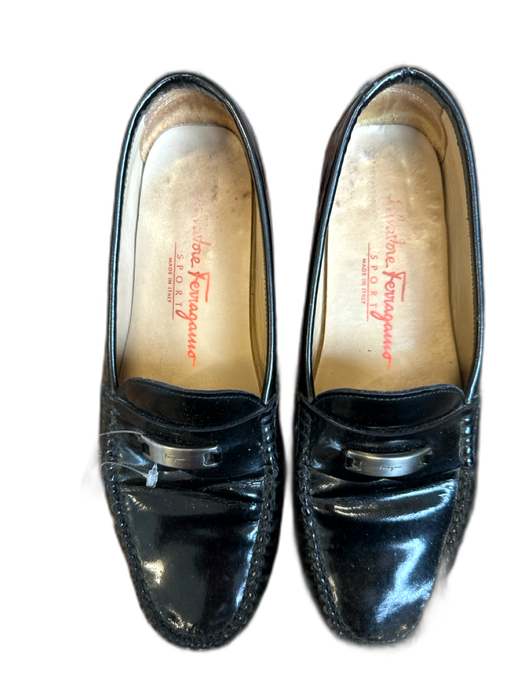 Salvatore Ferragamo Shoe Size 6.5 Black & Silver Patent Leather Sport Loafers Black & Silver / 6.5