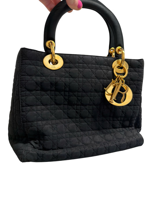 Christian Dior Black & Gold Canvas Quilted Top Handles Charms GHW Bag Black & Gold / M