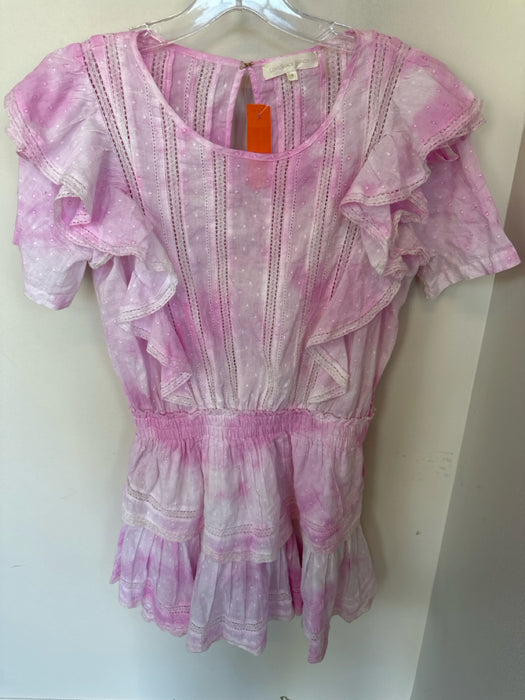 Loveshackfancy Size M Pink Cotton Water Color Ruffle Lace & Pleated Detail Dress