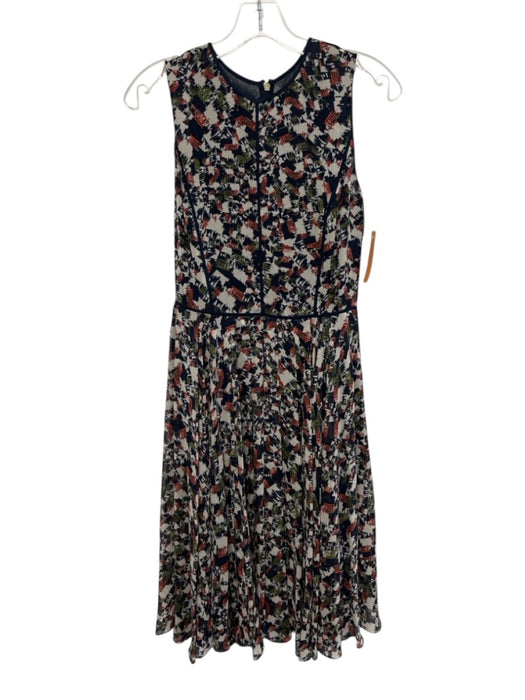 Jason Wu Size 2 navy blue, cream, green Silk Sleeveless Scribble Pleated Dress navy blue, cream, green / 2