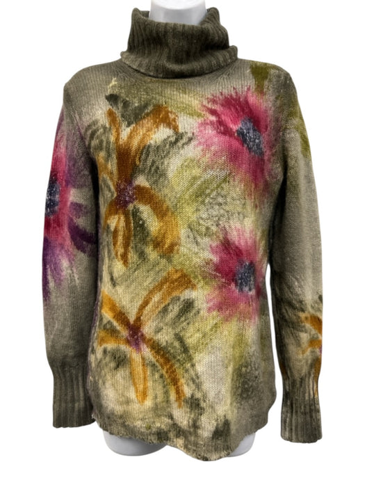 Avant Toi Size S Green & Multi Cashmere Long Sleeve Turtle Neck Floral Sweater Green & Multi / S