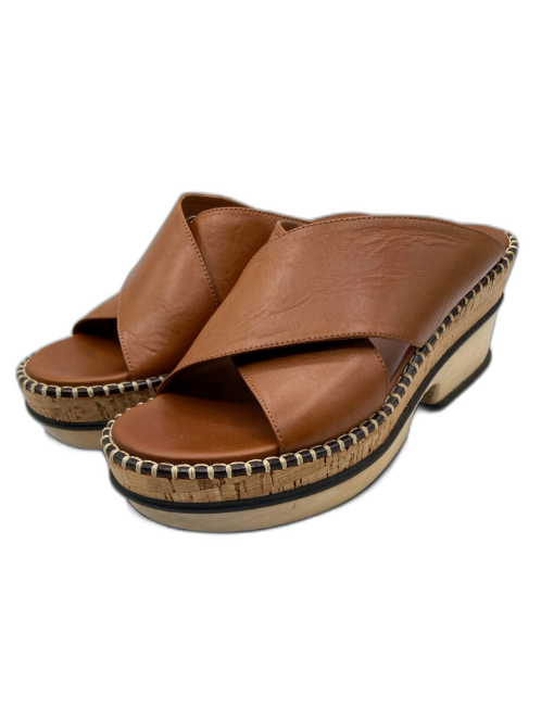 Chloe Shoe Size 38 Cognac Brown Leather Criss Cross Cork Base Platform Sandals Cognac Brown / 38