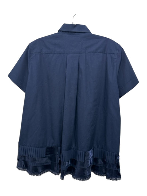 Sacai Size 2 Navy Cotton Blend Short Sleeve Ribbon Fabric Block Pleated Hem Top Navy / 2
