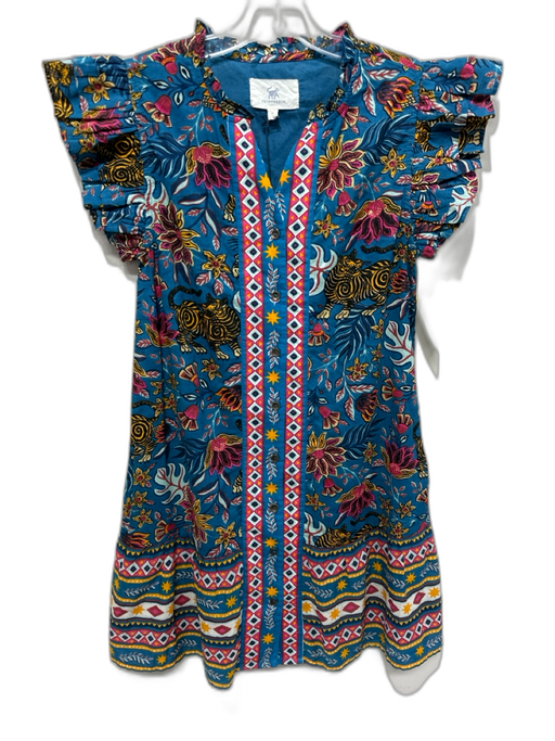 Printfresh Size XS Blue & Multi Cotton Floral Tiger Ruffle Cap Sleeve Dress Blue & Multi / XS