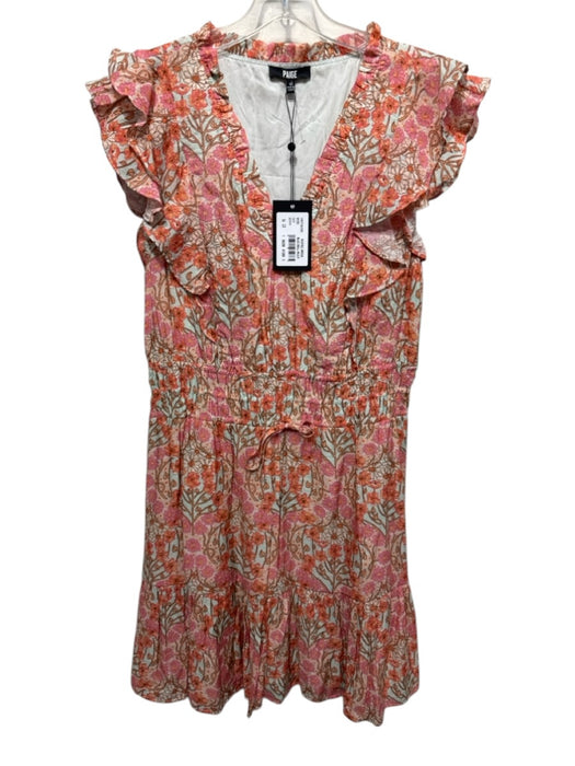 Paige Size 10 Orange, Pink, Blue Rayon & Nylon Ruffle Cap Sleeve V Neck Dress Orange, Pink, Blue / 10