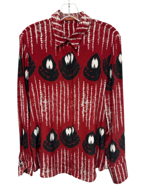 Altuzarra Size 38 Red, Black, White Silk Long Sleeve Abstract Print Blouse Top Red, Black, White / 38