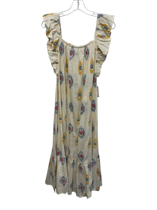Mer St. Barth Size M Blue, Yellow, Red Ruffle Cap Sleeve Ikat Square Neck Dress Blue, Yellow, Red / M