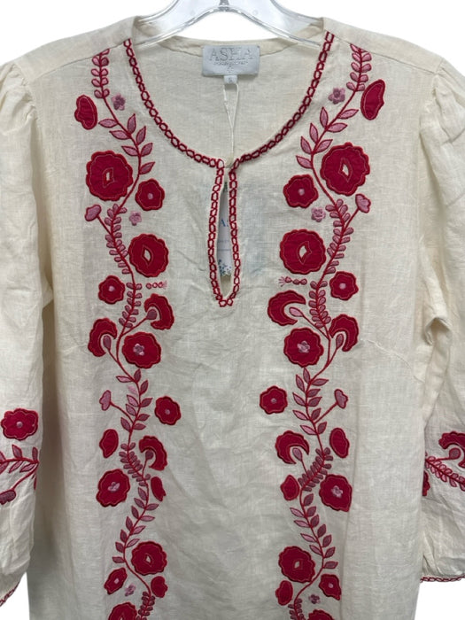 Asha Size S Cream, Red, Pink Linen Embroidered Flowers Split Hem Kaftan Dress Cream, Red, Pink / S