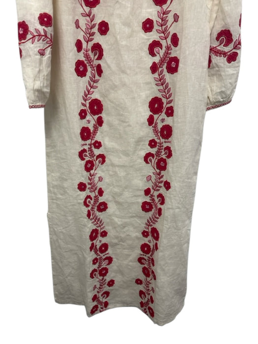 Asha Size S Cream, Red, Pink Linen Embroidered Flowers Split Hem Kaftan Dress Cream, Red, Pink / S