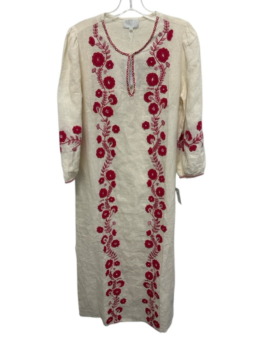 Asha Size S Cream, Red, Pink Linen Embroidered Flowers Split Hem Kaftan Dress Cream, Red, Pink / S