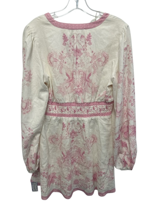 Caroline Constas Size S Pink & Cream Linen Blend Botanical V Neck Dress Pink & Cream / S