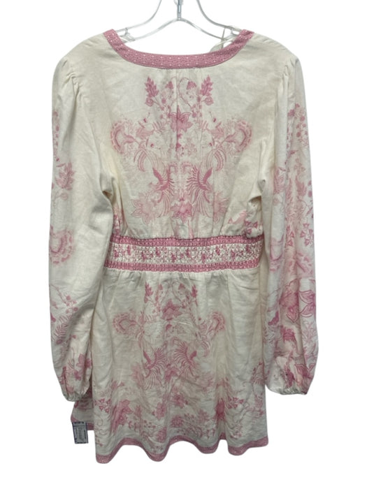 Caroline Constas Size S Pink & Cream Linen Blend Botanical V Neck Dress Pink & Cream / S