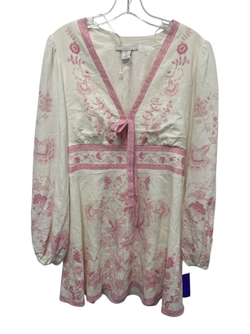 Caroline Constas Size S Pink & Cream Linen Blend Botanical V Neck Dress Pink & Cream / S