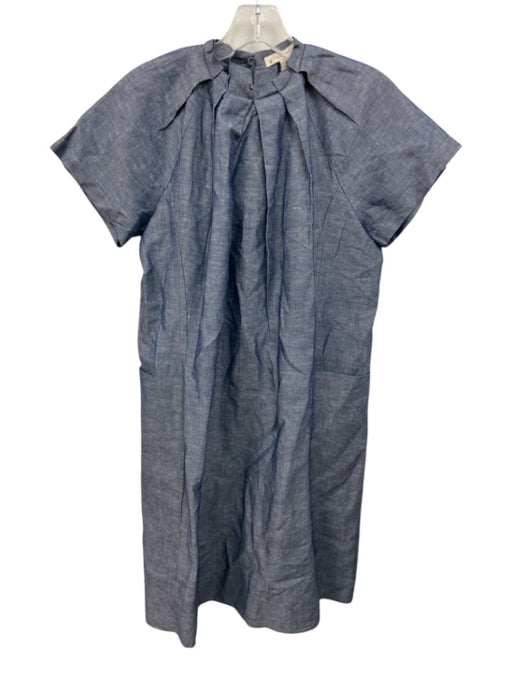 Ann Mashburn Size S Blue Viscose Blend Ruff Collar Button Back Pleat Midi Dress Blue / S