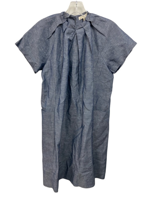 Ann Mashburn Size S Blue Viscose Blend Ruff Collar Button Back Pleat Midi Dress Blue / S