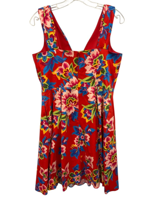 Carolina Herrera Size 10 Red & Multi Cotton Blend Pixel Pattern Floral Dress Red & Multi / 10