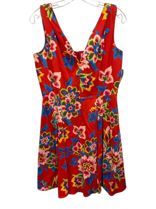 Carolina Herrera Size 10 Red & Multi Cotton Blend Pixel Pattern Floral Dress Red & Multi / 10